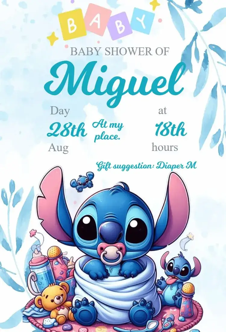 Invitation Baby Shower Stitch Invitation – Diaper Shower theme colorful, fun, childish, Disney-themed, tropical