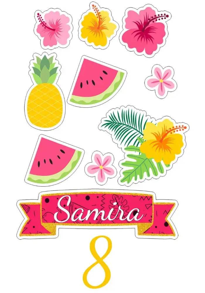 Invitation Editable Tropical Cake Topper – Cake topper theme tropical, beach, warm colors, cheerful, vibrant