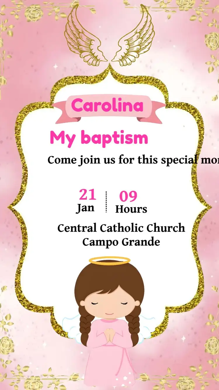 Invitation Baptism Little Angel Girl Child – Baptism theme pink, glitter, little angels, children's, golden, delicate
