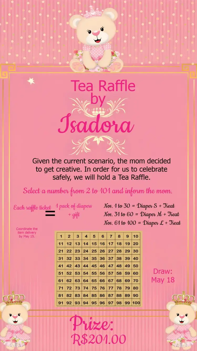 Invitation Tea Raffle Princess Bear C/ – Raffle Tea theme pink, golden, white, childish, princess, playful