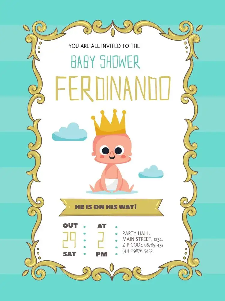 Invitation Green Prince Diaper Tea Card – Card theme light green, golden, childish, delicate, playful, princess