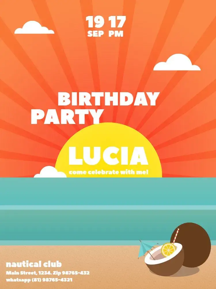 Invitation Praia Pôr Do Sol Female – Kids' Birthday Party theme tropical, summer, vibrant colors, sunset, beach, cheerful style