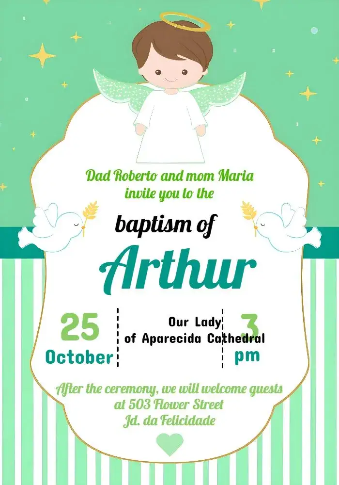 Invitation Boy Angel Baptism – First Communion theme green, angels, minimalist, childish, delicate, modern