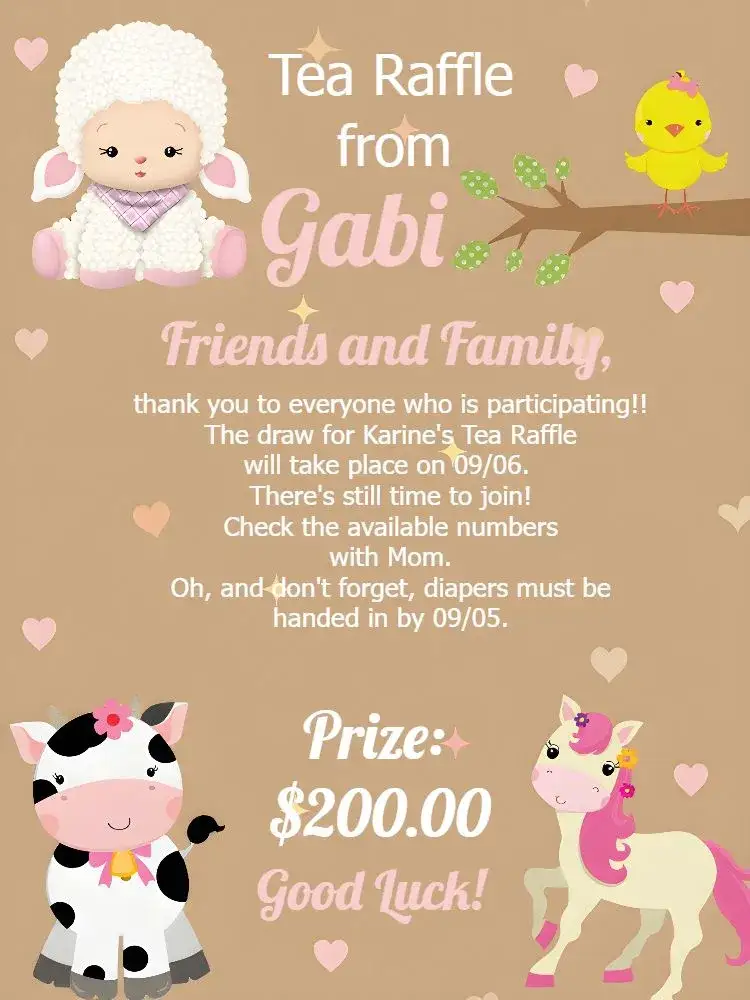 Invitation Lembrete Chá Rifa Fazendinha Cha – Raffle Tea theme farm, animals, vibrant, colorful, rustic, fun