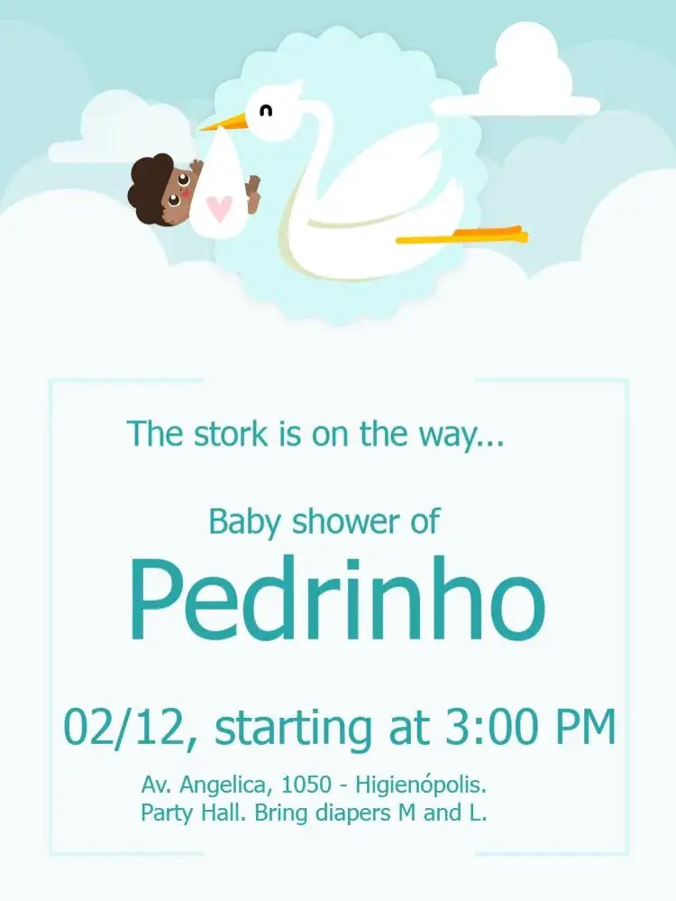 Invitation Stork Online Celebration – Diaper Shower theme light blue, fluffy clouds, modern style, fun elements, childlike illustrations
