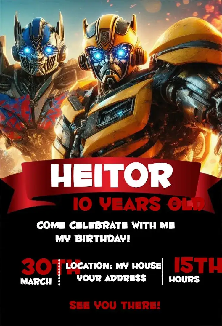 Invitation Transformers 2 – Birthday theme vibrant colors, modern style, action-packed graphic elements, movie-inspired, superhero theme