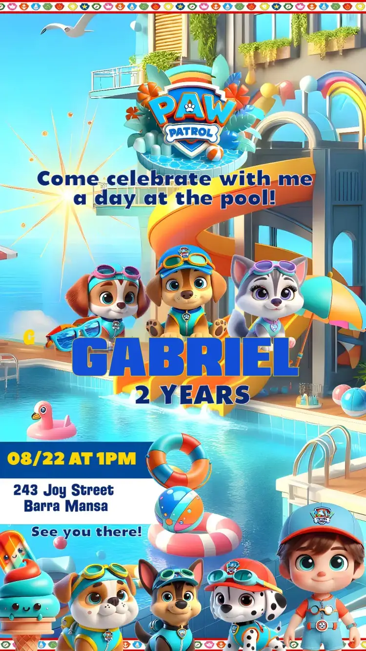 Invitation Pool Party Patrulha Canina Infantil – Kids' Birthday Party theme colorful, fun, themed, childish, lively
