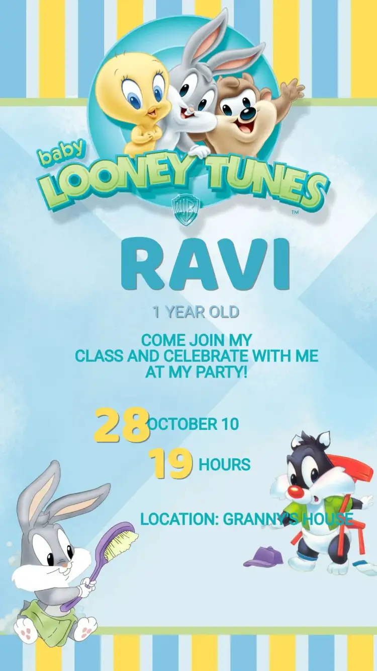 Invitation Baby Looney Tunes Birthday Invitation – Kids' Birthday Party theme colorful, fun, playful, childlike, cartoon-themed