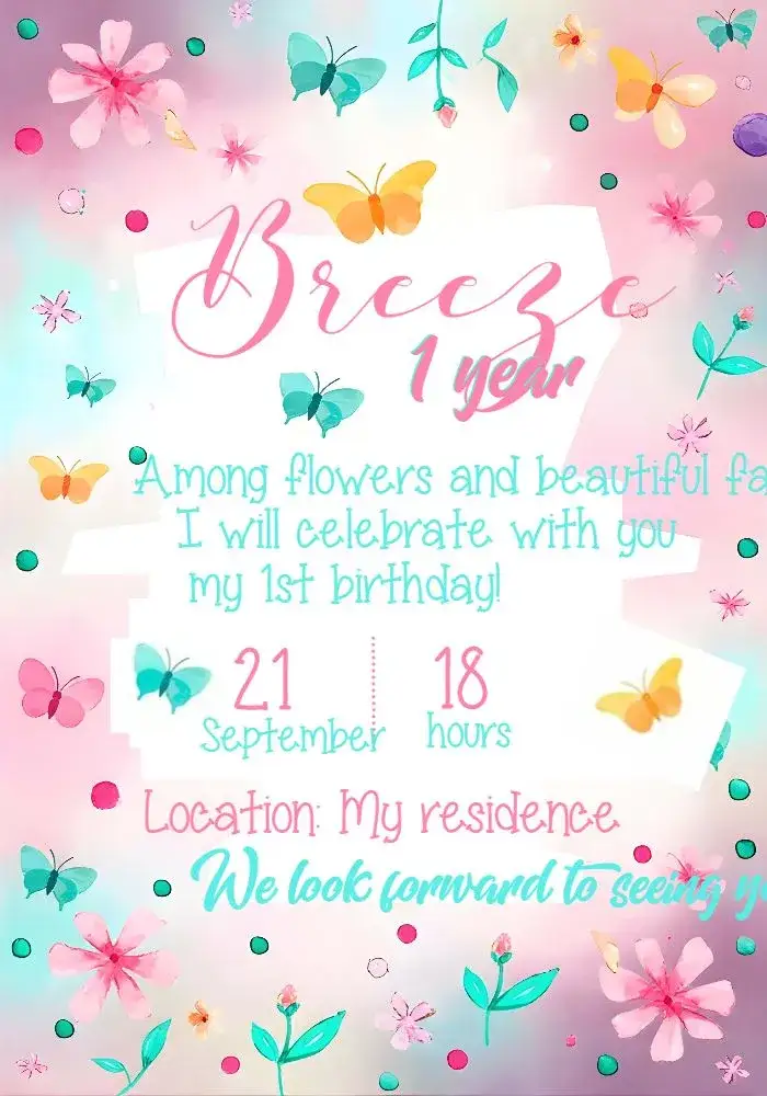 Invitation Butterfly Garden Watercolor Pink – Commemorative Dates theme floral, watercolor, pastel, children's, enchanted, nature