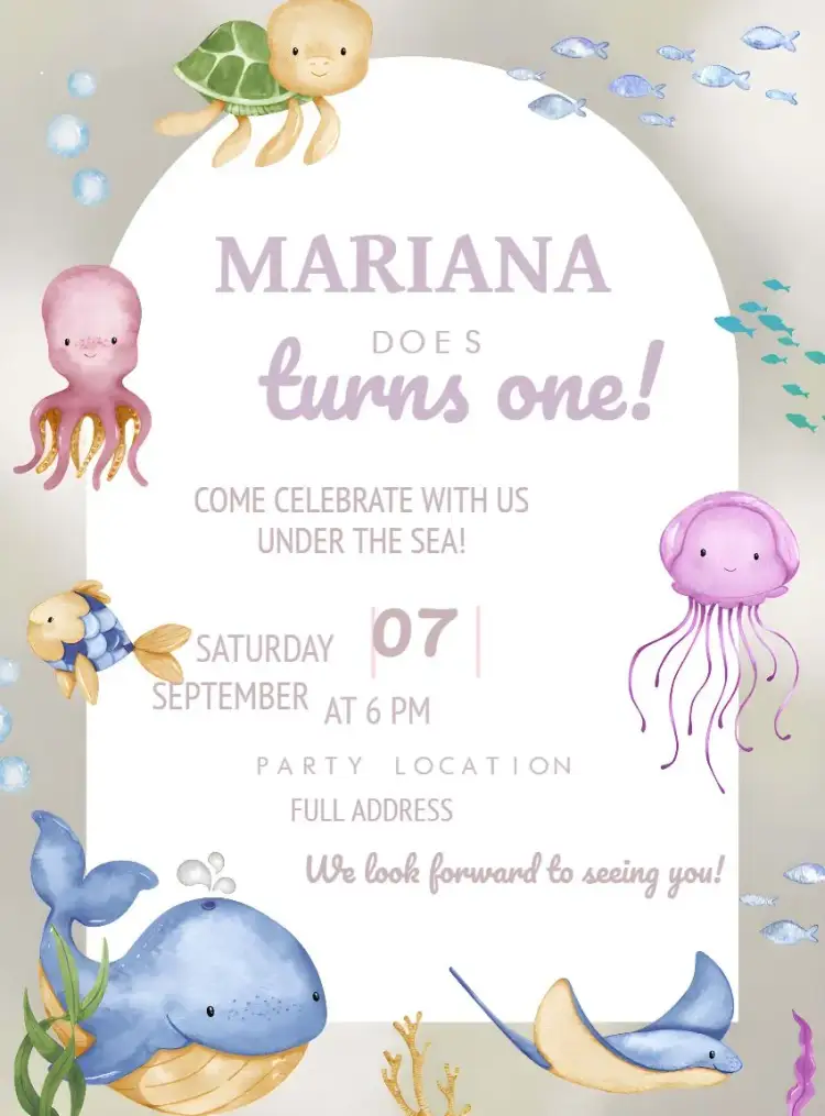 Invitation Underwater Watercolor Whale – Kids' Birthday Party theme watercolor, navy blue, colorful, playful, fun, ocean-themed