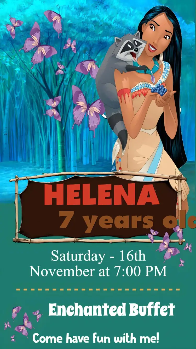 Invitation Pocahontas – Kids' Birthday Party theme natureza, colorido, aventura, místico, temático, infantil