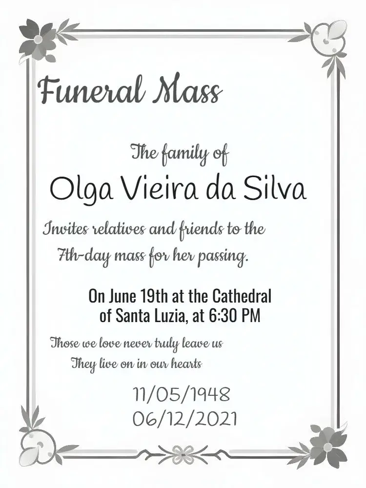 Invite For Funeral Mass Day editable and customizable