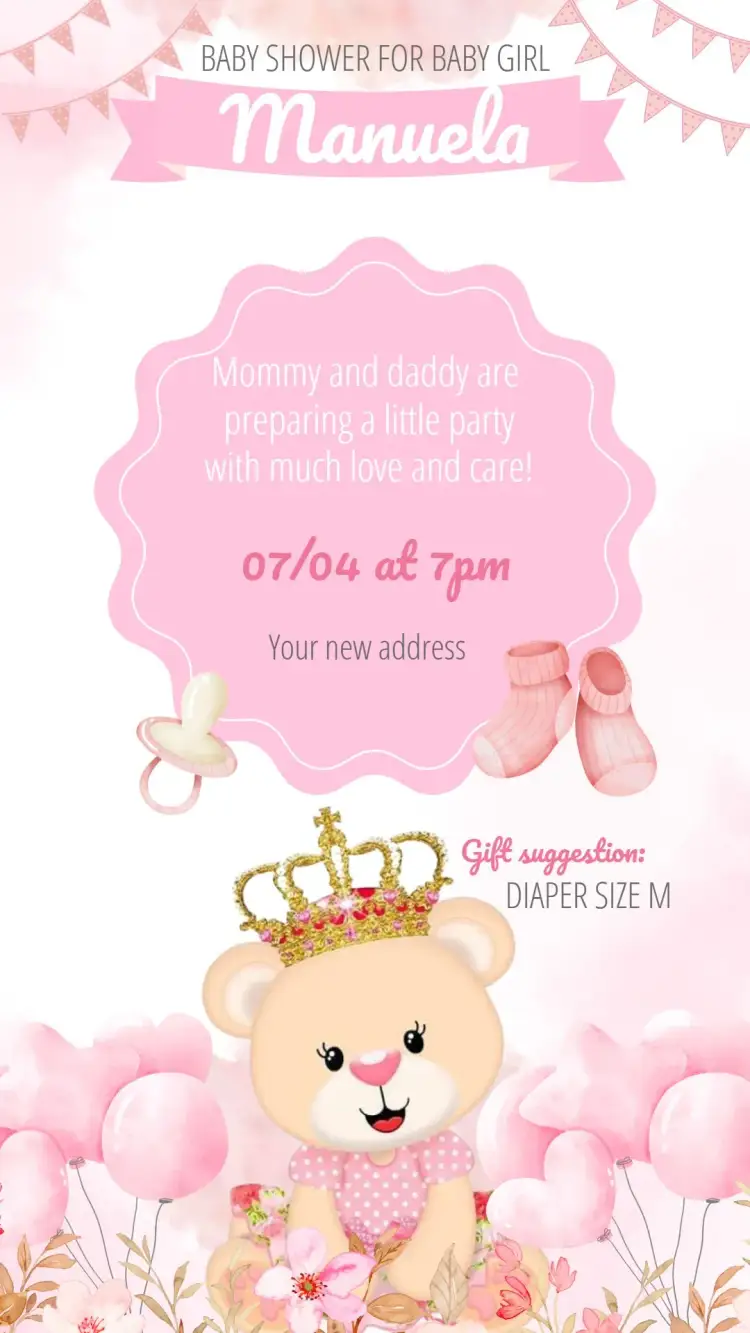 Invitation For Princess Bear Baby Shower Girl – Diaper Shower theme delicate, watercolor, pink, cute, princess, childish