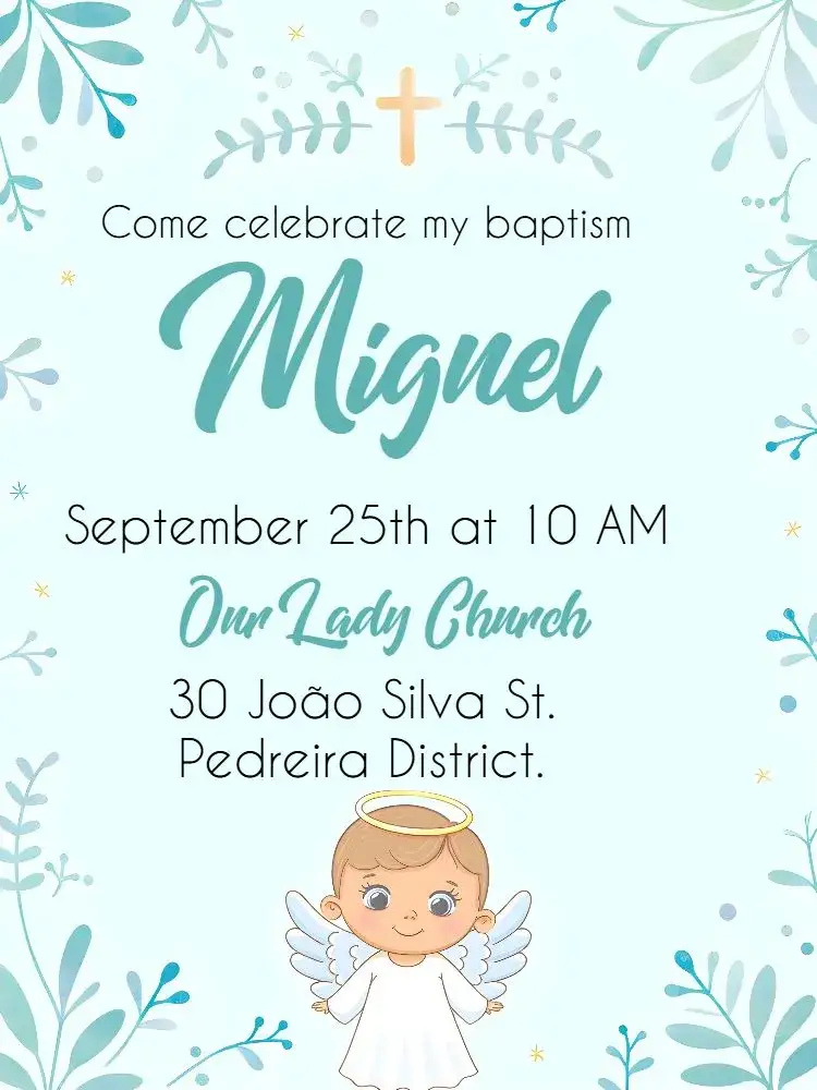 Invitation White Baptism – Baptism theme delicate, minimalist, blue, white, angels, flowers