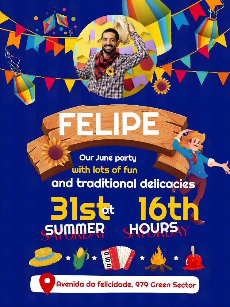 Invitation For Arraiá June Party With Photo Pennants – Commemorative Dates theme colorful, vibrant, traditional, festive, rustic, playful