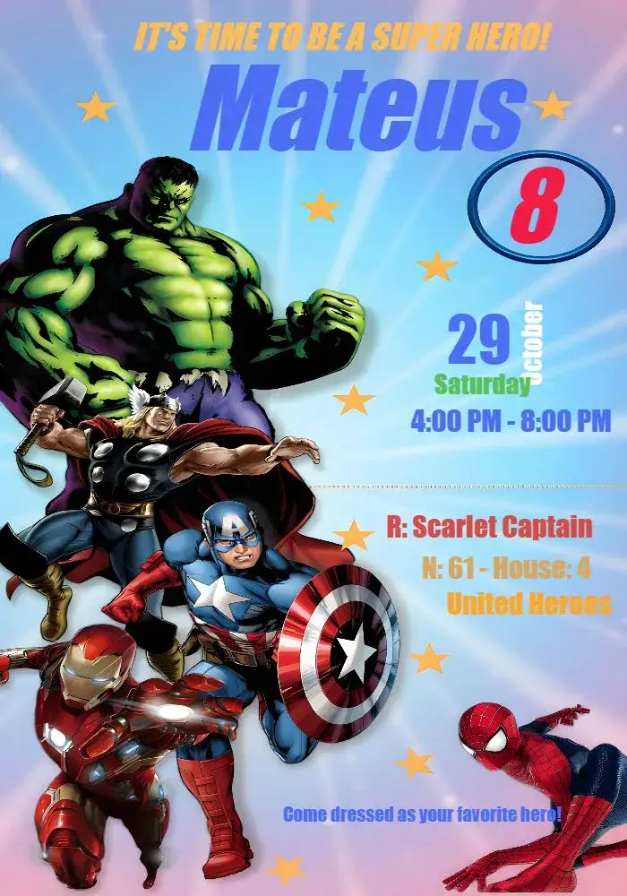 Invitation Avengers America – Birthday theme vibrant colors, modern style, superhero graphic elements, dynamic design, comic-inspired
