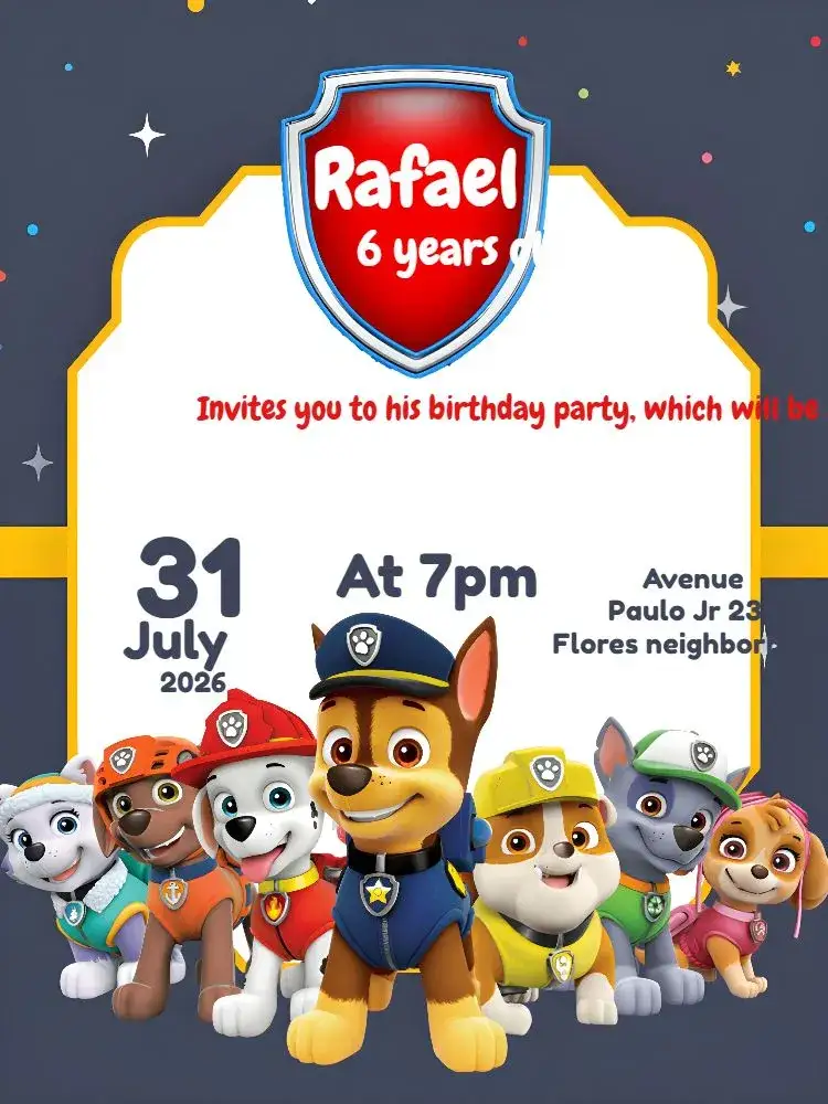 Invitation Patrol Paw Patrol – Kids' Birthday Party theme colorful, fun-filled, childish, themed, animals
