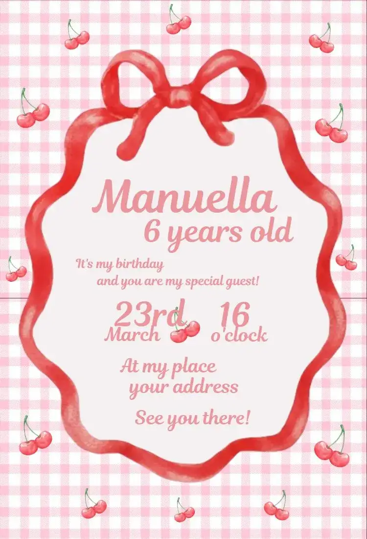 Invitation Cherry Invitation 2 – Birthday theme cherries, checkered, red, pink, white, fun