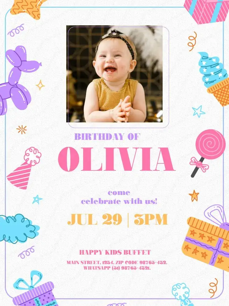 Invitation With Ludic Baby Photo – Diaper Shower theme playful, colorful, childlike, purple, fun, cheerful