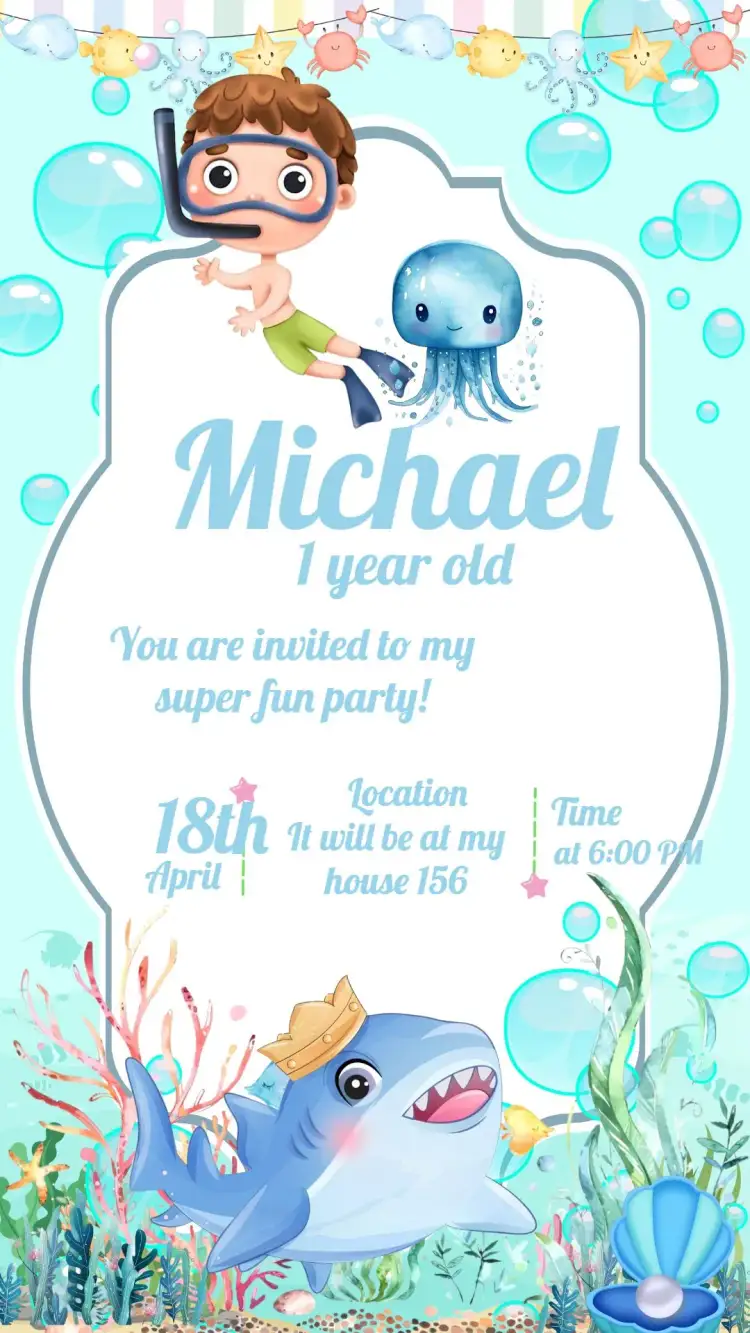 Invitation Underwater Watercolor – Kids' Birthday Party theme aquarela, navy blue, fun-filled, colorful, playful, childlike