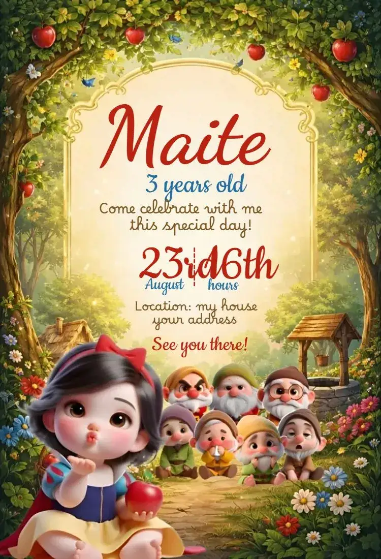 Invitation Snow White 2 – Birthday theme vibrant colors, childlike illustrations, fairy tale elements, cheerful style, fun design