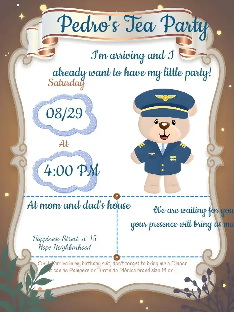 Invitation Diaper Shower Police Bear Banner – Diaper Shower theme blue, white, golden, children's, police-themed, cute