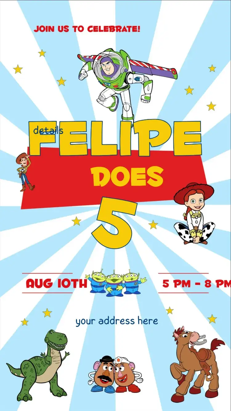 Invitation Toy Story – Kids' Birthday Party theme colorful, playful, fun, childlike, themed