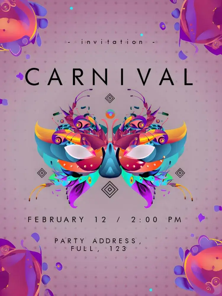 Invitation Carnival Confetti – Commemorative Dates theme vibrant purple, carnival, colorful masks, confetti and streamers, festive style, cheerful graphic elements