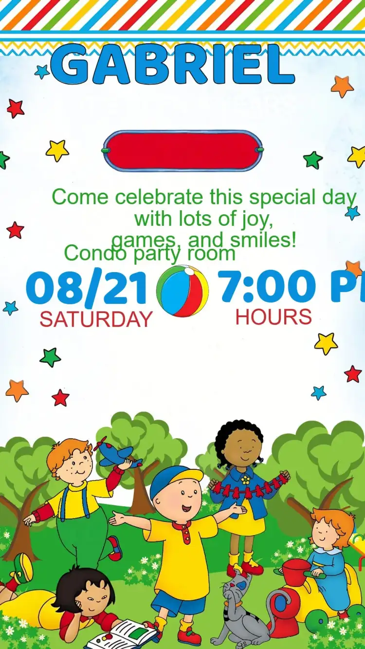 Invitation Caillou Birthday Invitation – Kids' Birthday Party theme colorful, fun, playful, childlike, animated illustrations
