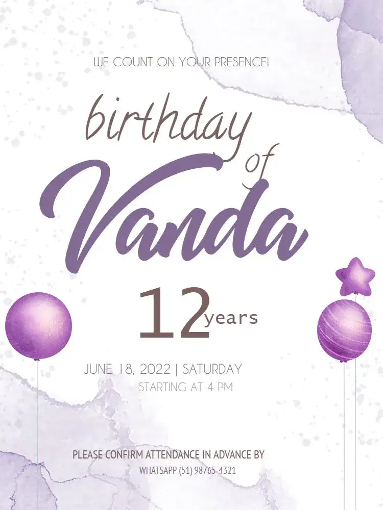 Invitation Watercolor Balloon Party – Kids' Birthday Party theme watercolor, playful, purple, balloons, delicate, colorful
