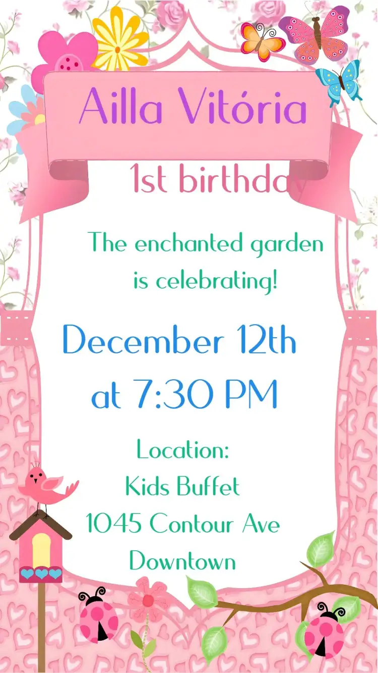 Invitation Enchanted Garden – Kids' Birthday Party theme floral, colorful, playful, fantasy, nature, vibrant
