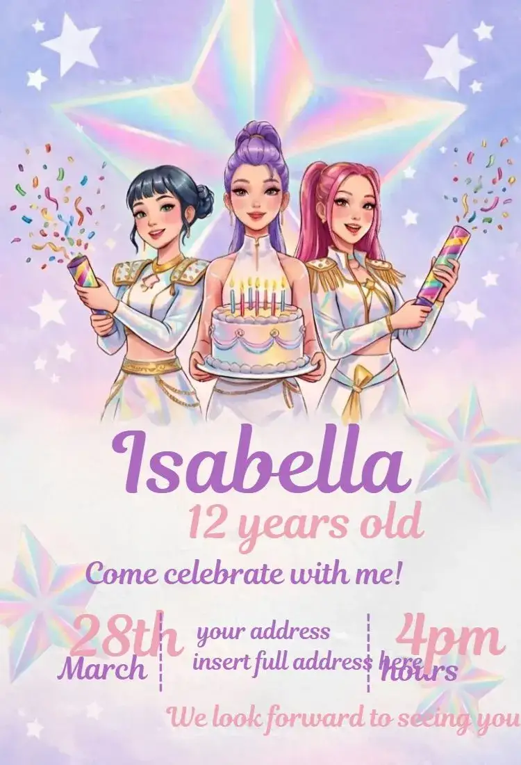 Invitation Warriors of Kpop 17 – Birthday theme vibrant colors, Kpop illustrations, fun style, dynamic graphic elements, joyful party, modern design
