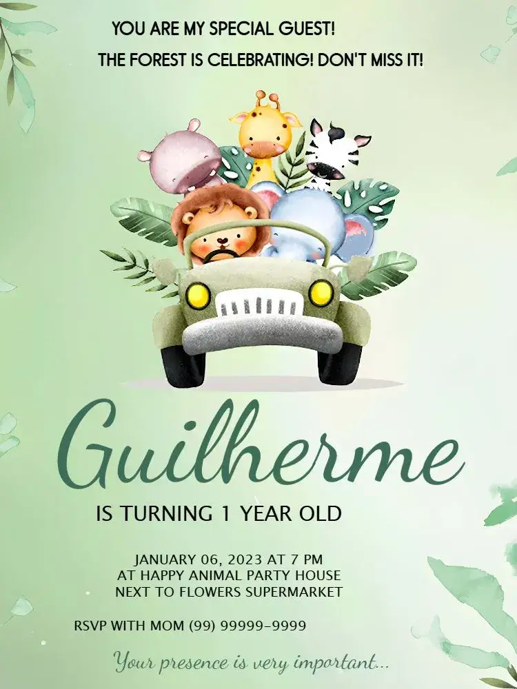 Invitation Safari 1 – Commemorative Dates theme forest animals, watercolor, green and colorful, fun, themed, playful