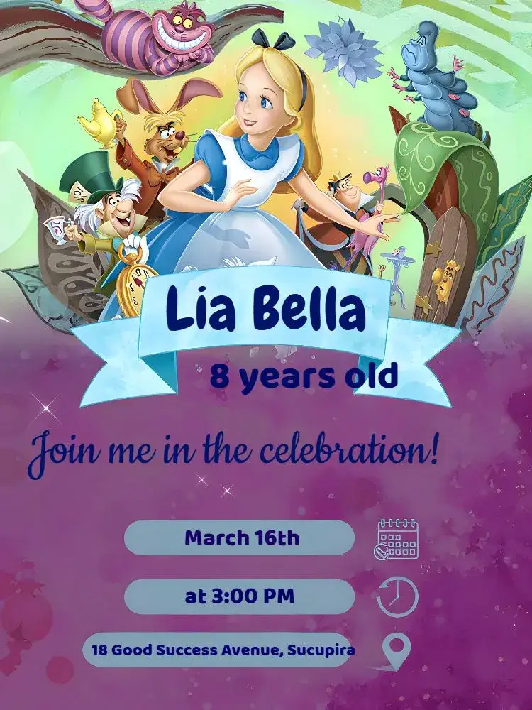 Invitation Alice In Wonderland Colorful – Commemorative Dates theme colorful, fantasy-themed, vintage, playful illustrations, magical, fun