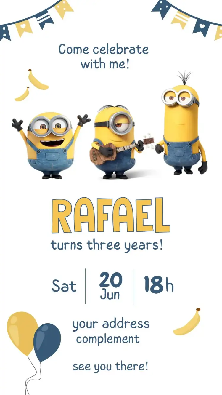 Invitation Minions – Kids' Birthday Party theme yellow, blue, fun, colorful, Minions illustrations, cartoon style