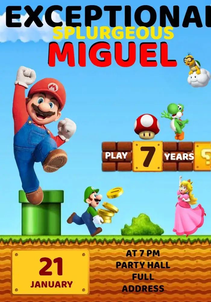 Invitation Super Mario Bros Yellow – Most searched for theme fun-filled, colorful, games, child-friendly, themed