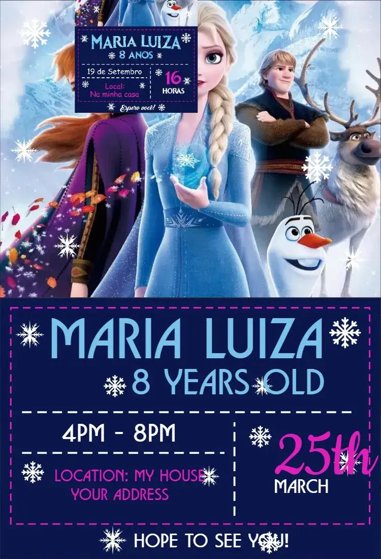 Invitation Frozen 10 – Birthday theme cool tones, snow elements, character illustrations, playful design, magical style