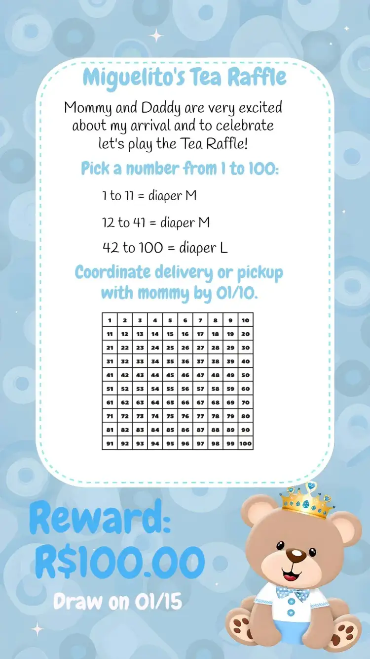 Invitation Baby Shower Raffle Tea / Light Blue Prince Teddy Bear Diaper Raffle – Diaper Shower theme light blue, teddy bear, prince, crown, childish, delicate