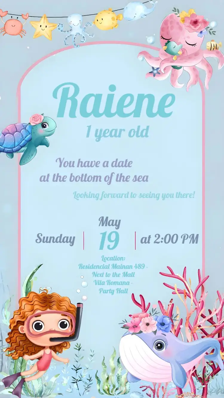 Invitation Under the Sea Mermaid – Kids' Birthday Party theme watercolor, navy blue, colorful, fantastic, playful