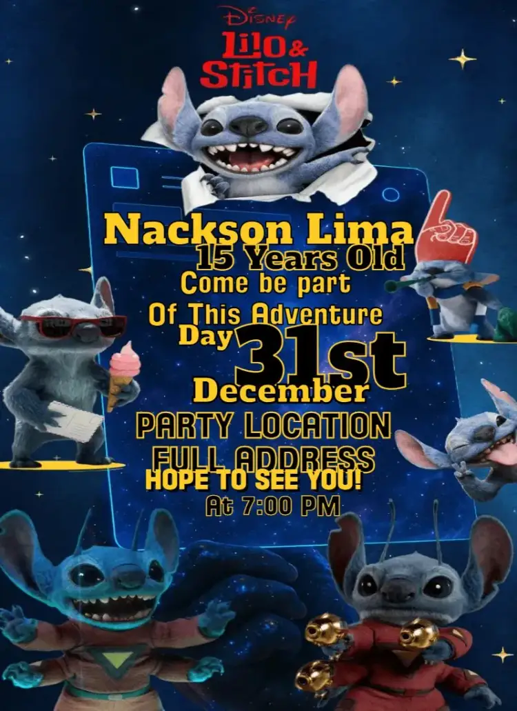Invitation Intergalactic Stitch – Birthday theme colorful, fun, tropical, cartoon style, intergalactic, childlike