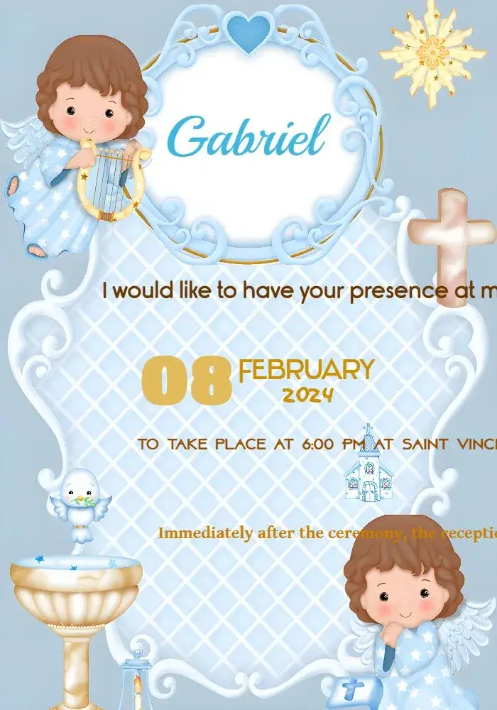 Invitation Little Angel Harp Baptism – Baptism theme delicate, childlike, angels, pastel, spiritual, modern