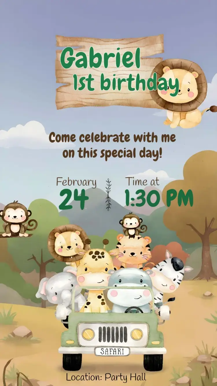 Invitation Safari Leaves – Most searched for theme tropical, animals, adventure, green, illustration, colorful