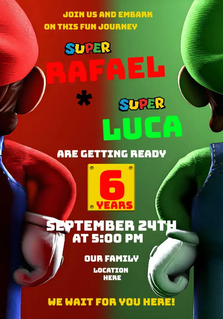 Irmãos Gêmeos Super Mario Bros World Mario3d invitation