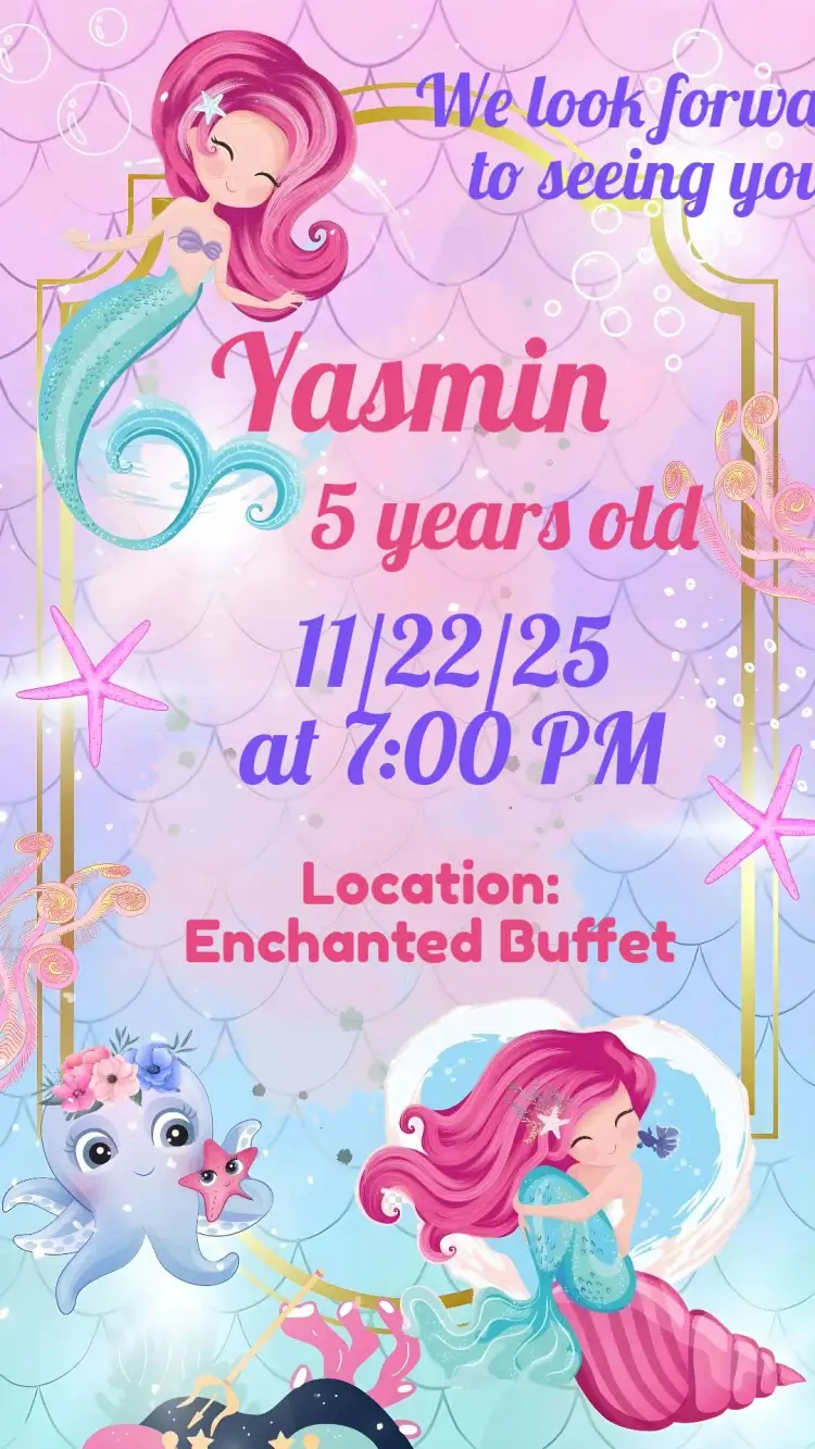 Invitation Pink Mermaid – Kids' Birthday Party theme soft colors, marine elements, childish design, playful style, sea magic, charming details