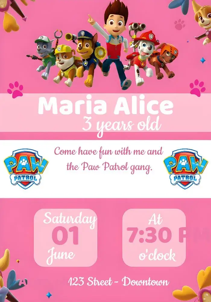 Invitation Pink Paw Patrol Puppies – Kids' Birthday Party theme pink, white, themed, fun, colorful, childish