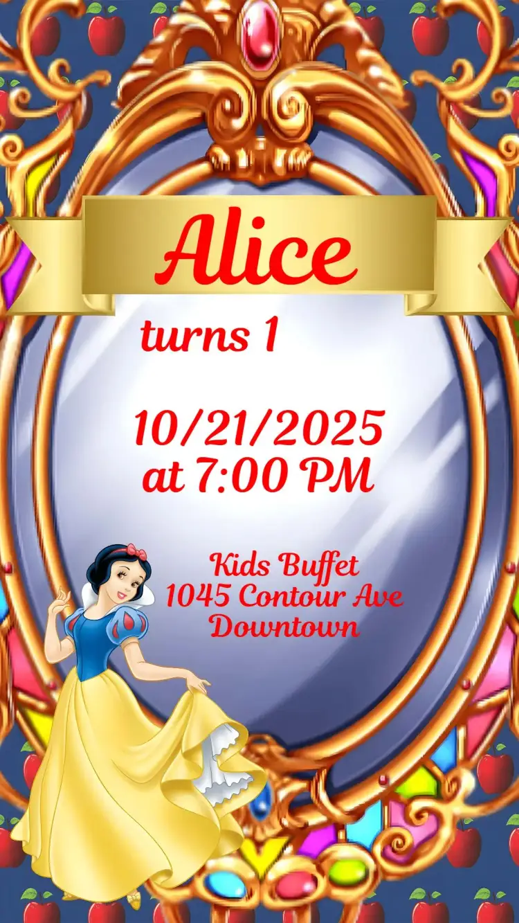 Invitation Snow White – Kids' Birthday Party theme pastel colors, fairy tale illustrations, floral elements, playful style, charming details, childlike design