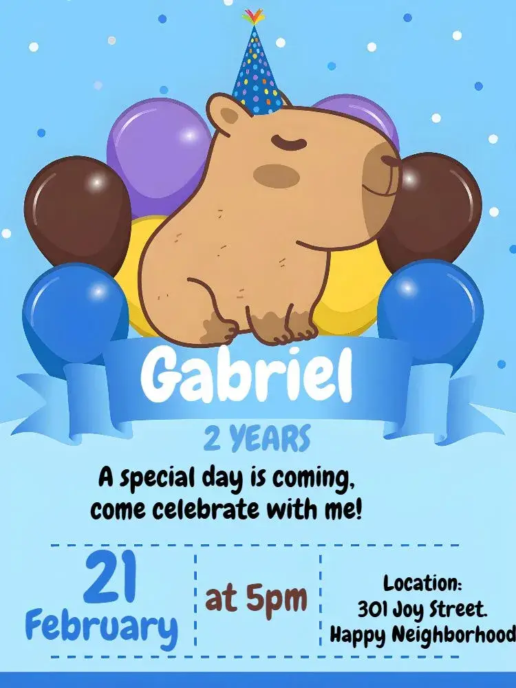 Blue Capybara Boy Balloons invitation