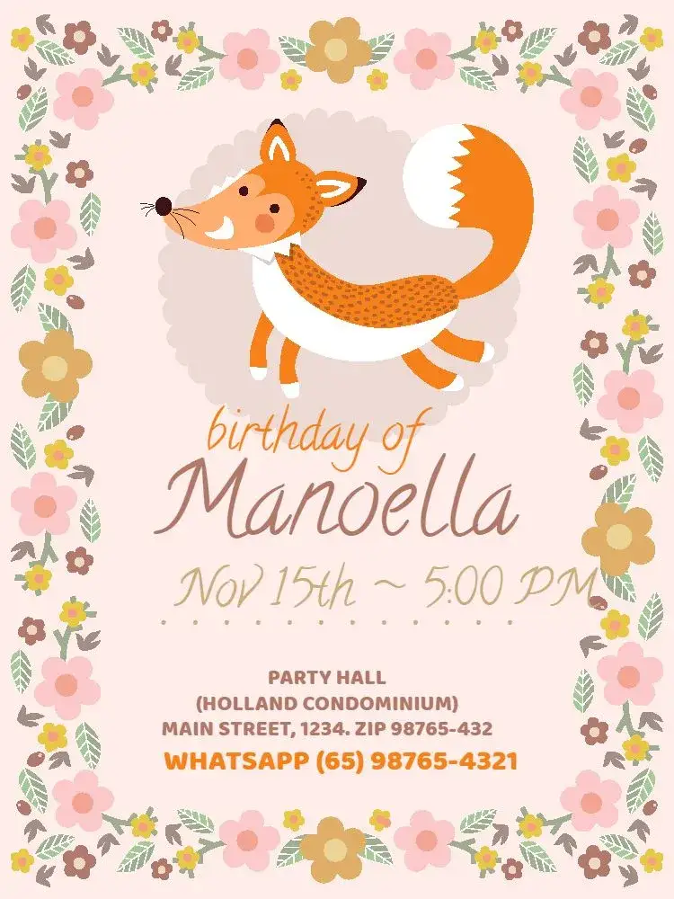 Invitation Delicate Light Fox – Kids' Birthday Party theme floral, delicate, playful, light pink, childlike