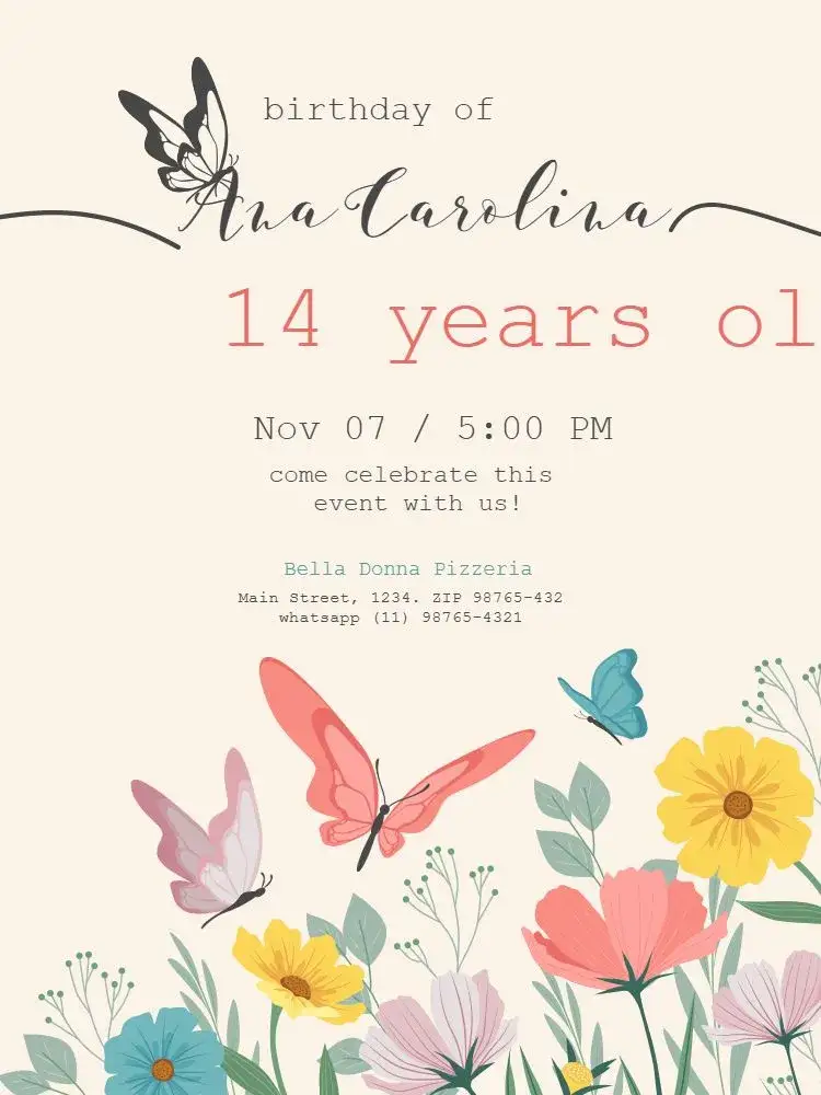 Invitation S Delicate Floral Butterfly – Kids' Birthday Party theme floral, delicate, pastel, feminine, butterflies, nature