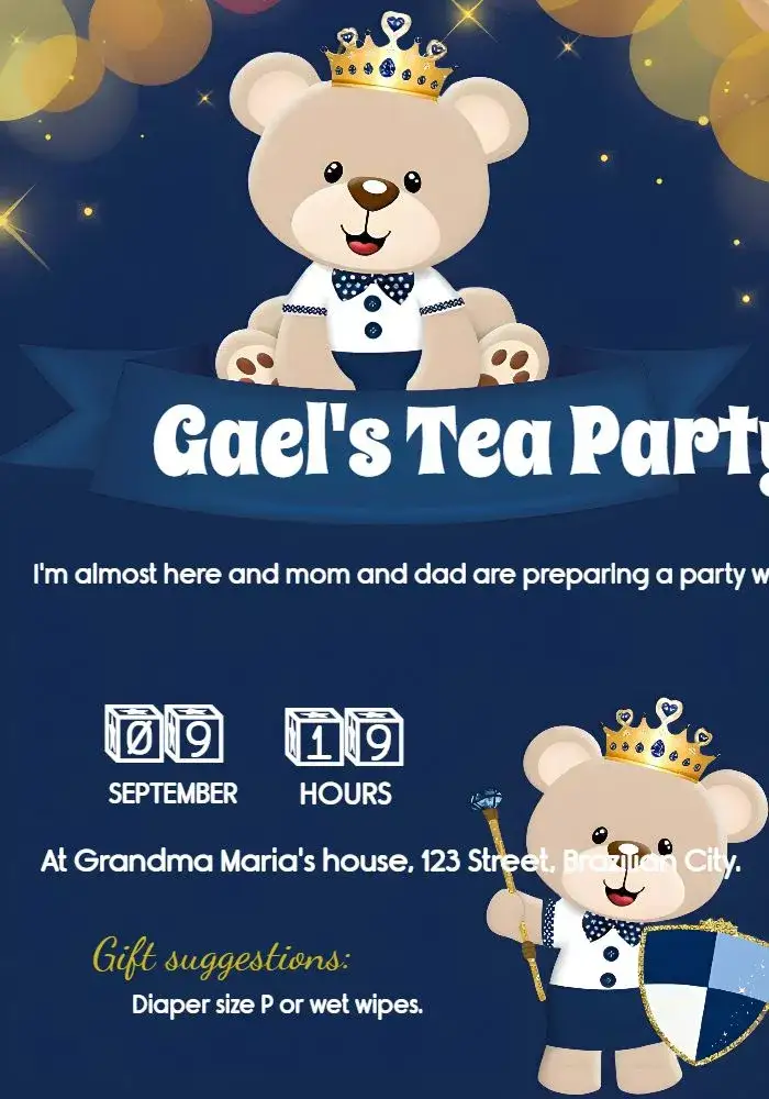 Invitation Blue Prince Teddy Bear Baby Shower – Diaper Shower theme blue, golden, white, children's, royalty, teddy bear